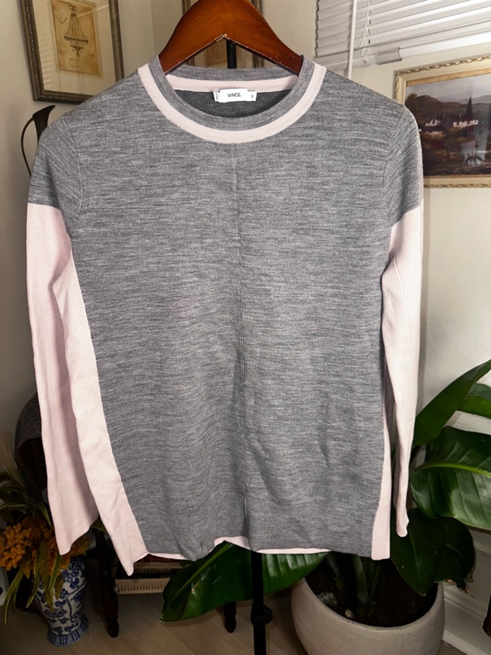 Vince Grey & Pale Pink Knit Color block Sweater